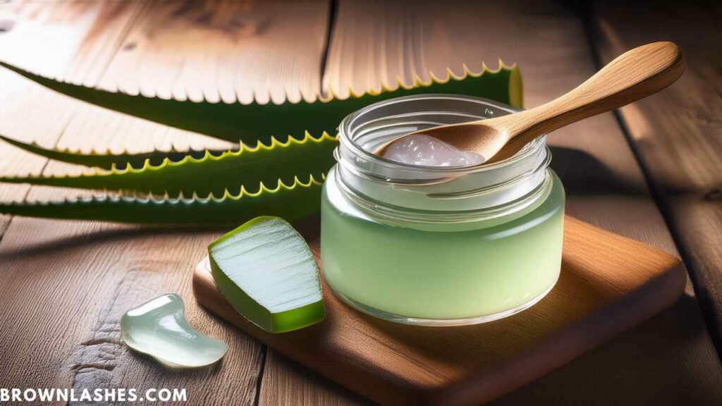 A jar of aloe vera gel with a small spoon beside it, ready for application to eyelashes as a natural conditioner.