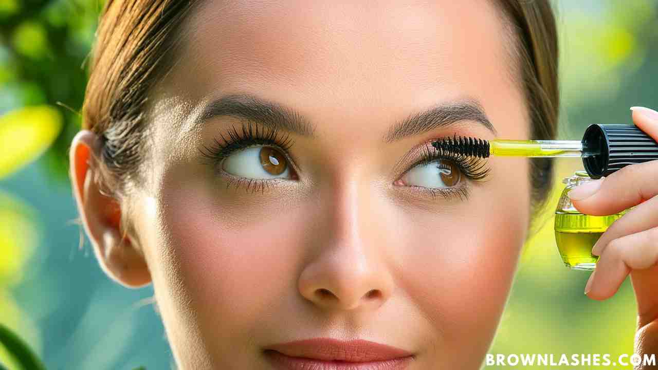 A woman carefully applying olive oil to her eyelashes with a clean mascara brush to naturally improve curl and strength.