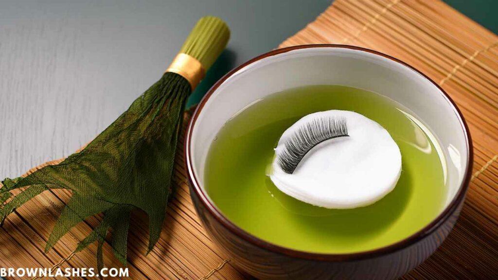 A bowl of freshly brewed green tea with a cotton pad soaking in it, prepared for use as a strengthening treatment for eyelashes.